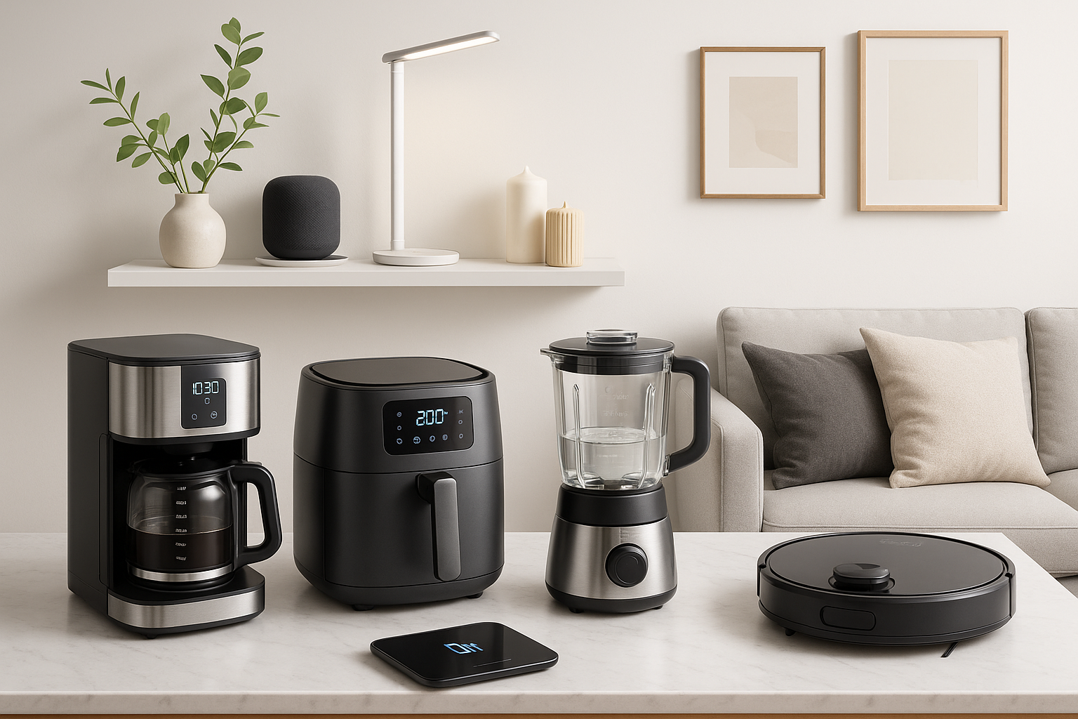Generate Ecommerce store image with realistic images home gadgets and kitchen gadgets and home decor gadgets 